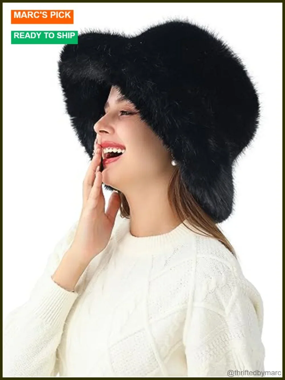 Womens Faux Fur Bucket Hat Fluffy Winter Wide Brim Fisherman Cap